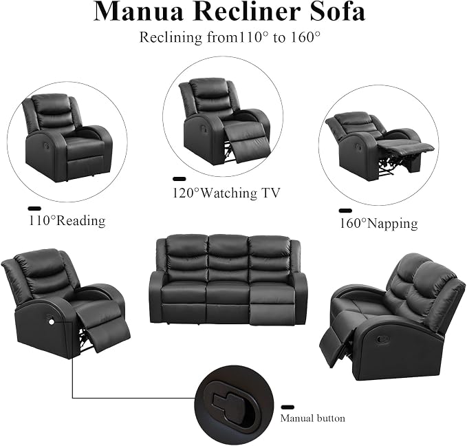 3-Piece Couch Living Room Furniture Sets, Sectional Recliner Sofa Set, Leather - Image 4