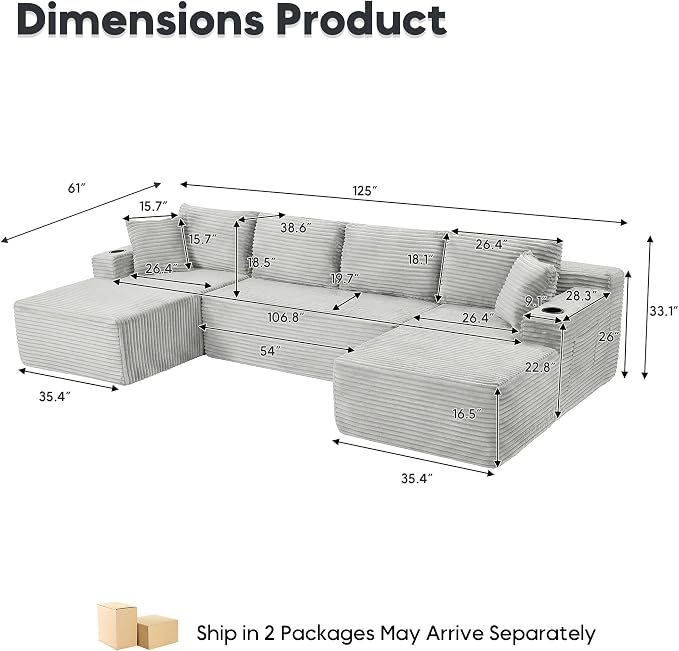 125 Inch Modular Sectional Sofa, Cloud Couch Oversized U Shaped Corduroy Sofa - Image 2