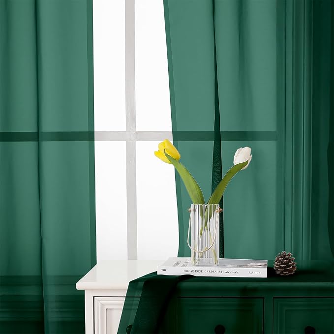 Lecloud Hunter Green Sheer Curtains 72 Inches Long 2 Panels, Rod Pocket Voile - Image 7