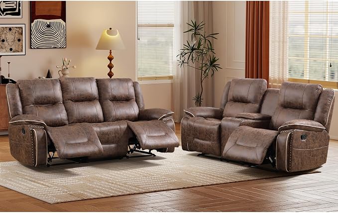 EBELLO Manual Recliner Sofa Set, Faux Leather Reclining Loveseat and 3 Seater by EBELLO