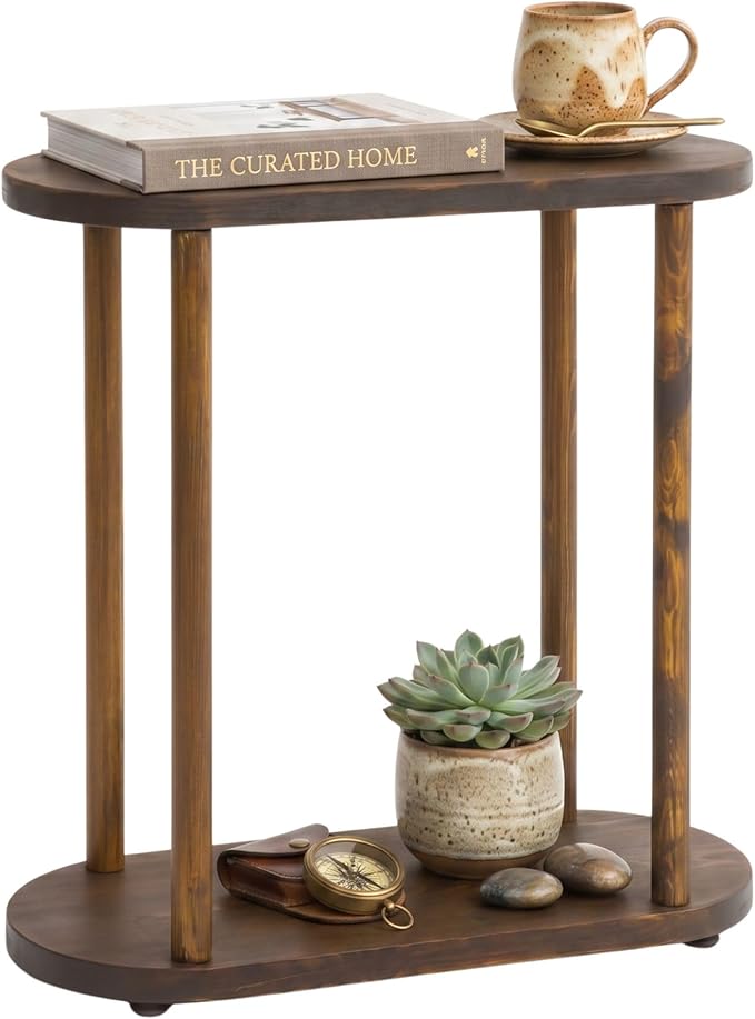 Oval Solid Wood Narrow Side Table, Slim Small Pedestal Coffee Table by GENESISWOODESIGN
