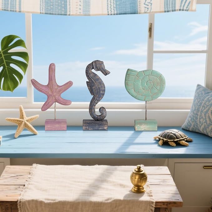 3pcs Wood Handmade Beach Nautical Style Figurines Starfish/Conch/Seahorse - Image 6