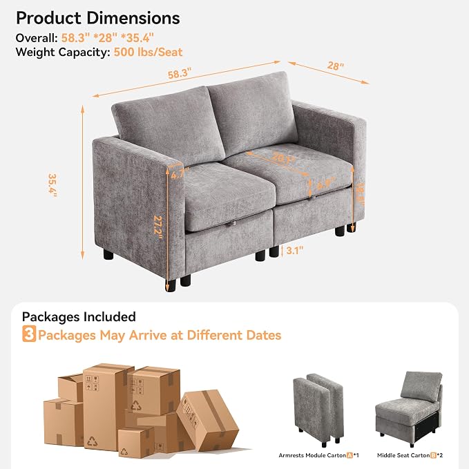 WUTUTUEE 58”Modular Sectional Loveseat Sofa, Modern Love Seat 2 Seater Sofa - Image 2