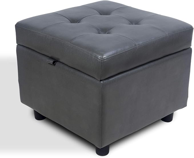 H&B Luxuries Tufted Leather Square Flip Top Storage Ottoman Cube Foot Rest by HBLuxuries