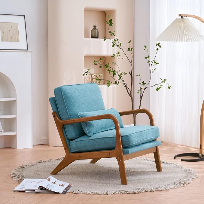 Bonnlo LinenTeal Mid Century Modern Accent Chair, Soild Wood Padding Lounge - Image 9