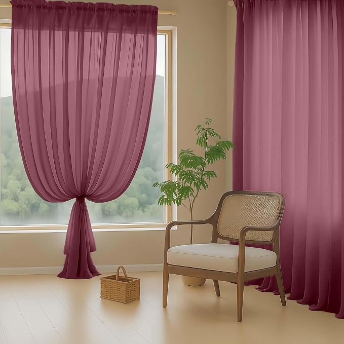 Burgundy Sheer Curtains for Windows 108 inches Long 2 Panels Set, Soft - Image 8