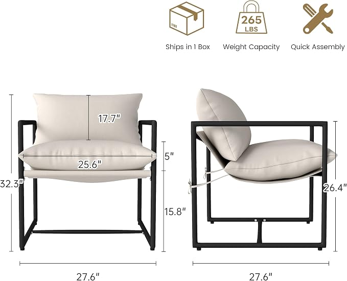 Kromax Sling Accent Chair, Cozy Living Room Chairs, Square Metal Frame - Image 2