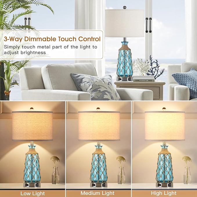 Ruzectt Coastal Glass Table Lamps, 3-Way Dimmable Touch Control Bedside Lamps - Image 2
