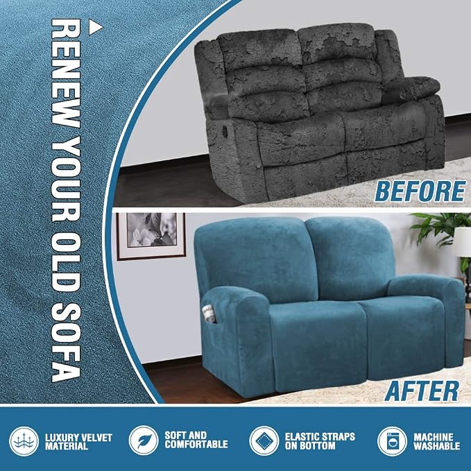 H.VERSAILTEX Velvet Stretch Recliner Couch Covers 6-Pieces Recliner Loveseat - Image 5