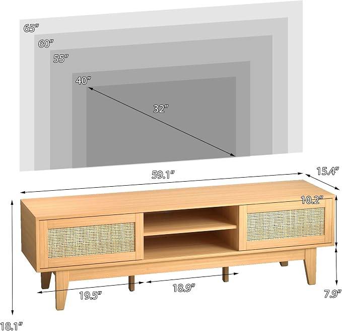 Boho TV Stand for 55 65 Inch TV, Rattan Entertainment Center - Image 2