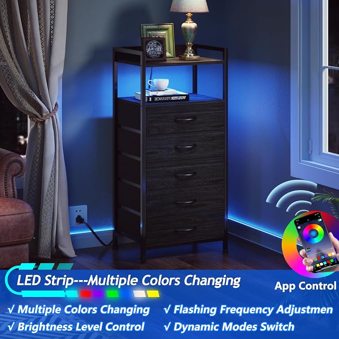 Furnulem Night Stand with Charging Station, Tall Black Dresser - Image 4