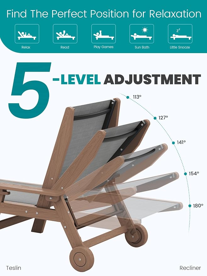 SERWALL Textilene Patio Chaise Lounge Chair Set of 2, 5 Positions Outdoor - Image 5