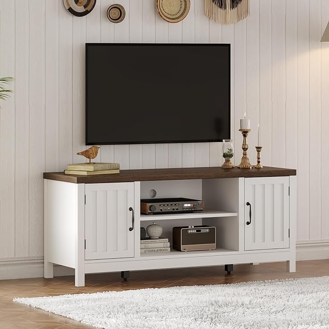 ChooChoo Farmhouse TV Stand, Wood Fluted Door Entertainment Center by ChooChoo