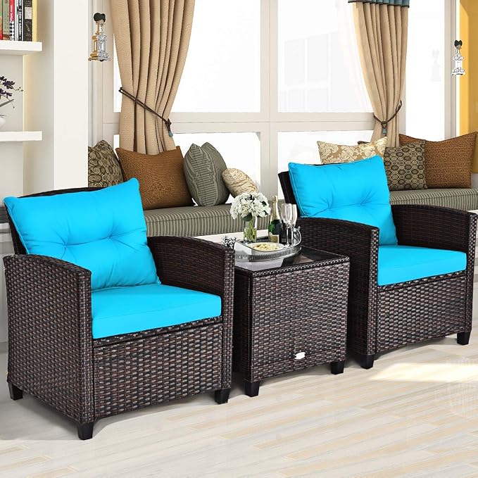COSTWAY 3PCS Patio Furniture Set, PE Rattan Wicker Sofa w/Washable Cushion and - Image 5