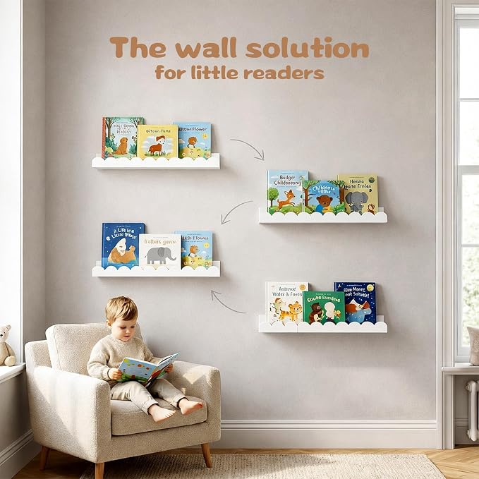 Nursery Floating Shelves for Kids Room, 4 Pack 23.6 x 4.7 Inch Scalloped Kids - Image 2