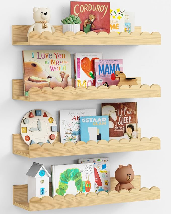 Harwaya Scalloped Nursery Bookshelf Wall Mounted 4-Pack, Natural Wood Floating by Harwaya