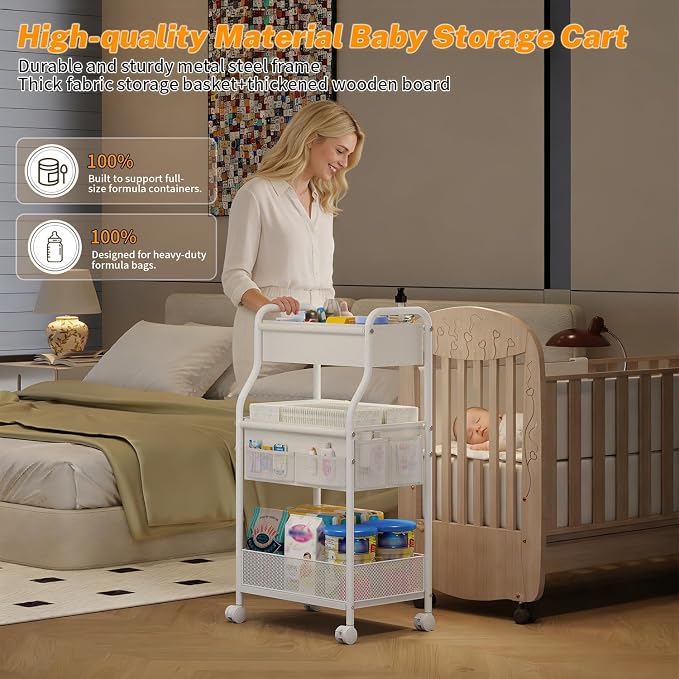 3-Tier Diaper Caddy Organizer & Rolling Cart, Metal Utility Cart - Image 4