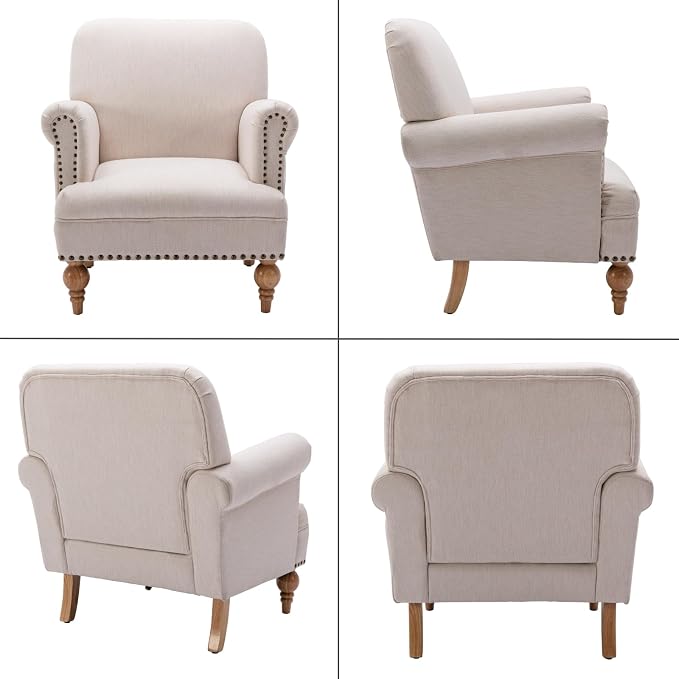 Beige Linen Fabric Accent Chairs Set of 2, Modern Farmhouse Upholstered - Image 9