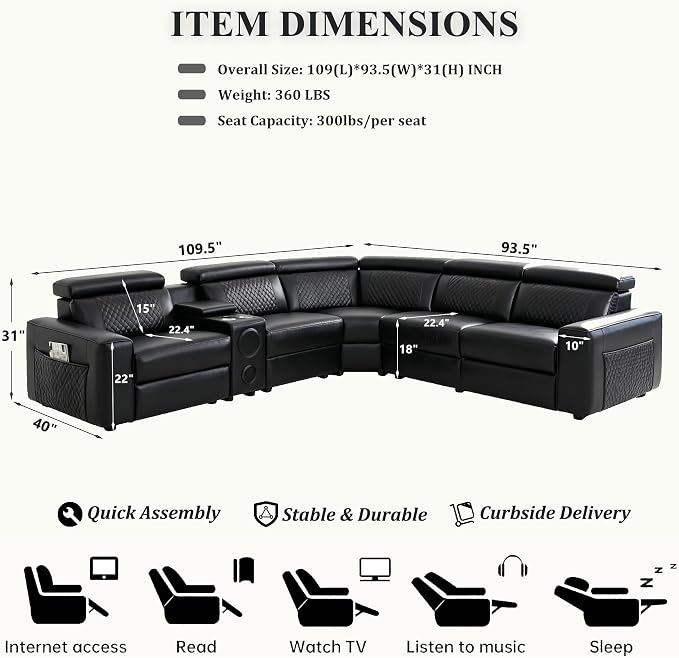 Power Recliner Sectional Sofa, L-Shaped Living Room Furniture Set, Reclining - Image 2