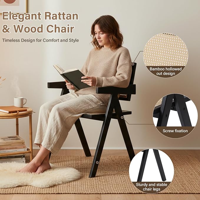 Furlide Rattan Dining Chairs Set of 2, Modern Mid Century Dining Chairs - Image 3