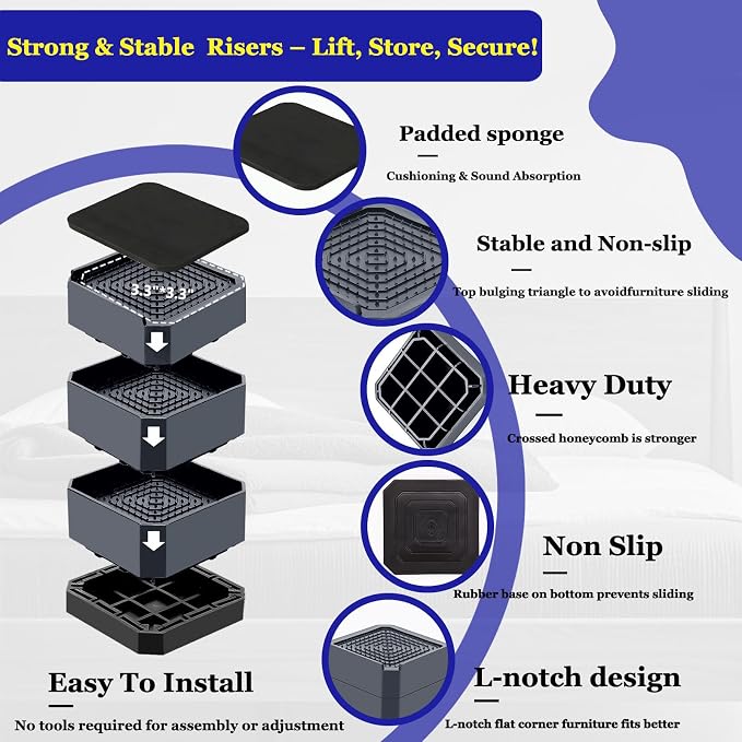 Bed Risers Heavy Duty, Adjustable Furniture Riser Blocks Lift 1.5, 4.3 inches - Image 3