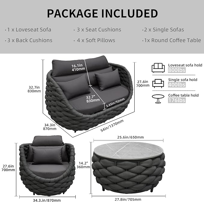 TWT Patio Furniture Set 4 Pieces Aluminum Outdoor Furniture w/27.8in Coffee - Image 3