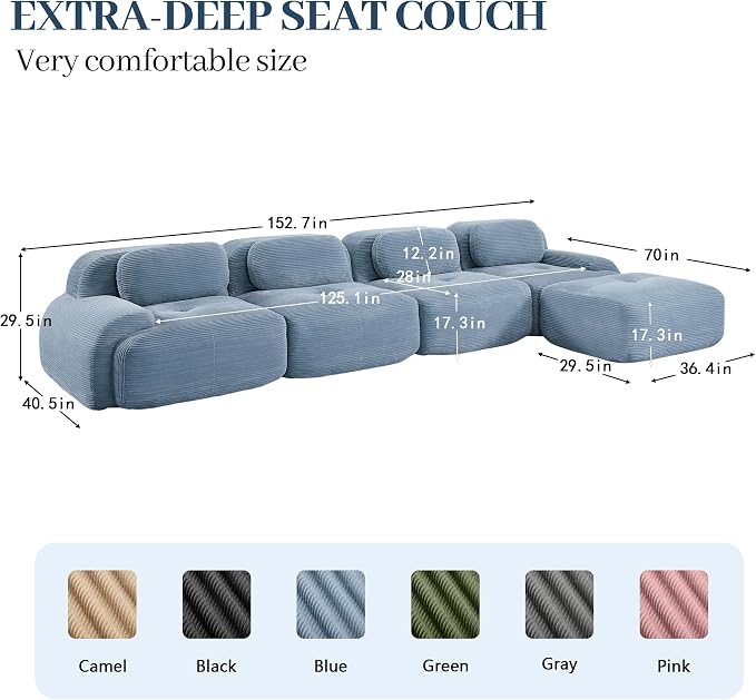 Boneless Sectional Couch, No Assembly Required, 152.7” L Shaped Modular Cloud - Image 3