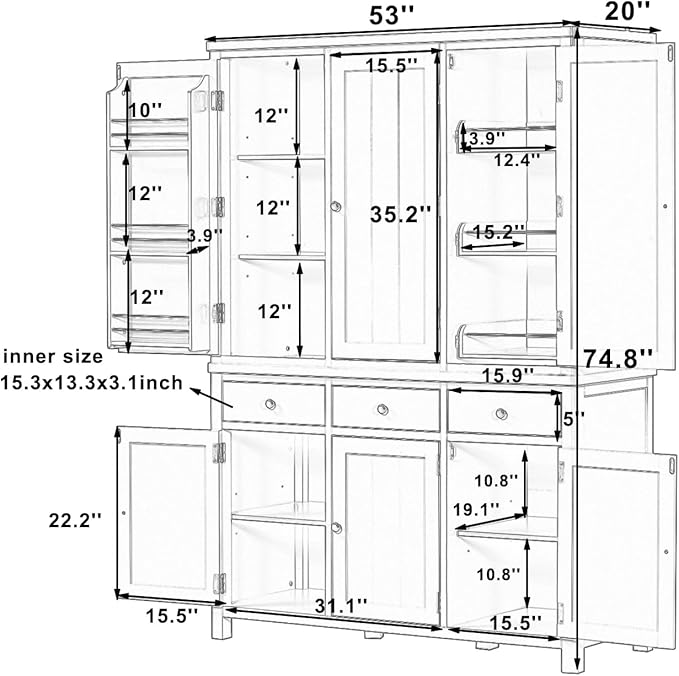 74.8''H High Freestanding Kitchen Pantry, Wooden Kitchen Organizers Cupboard - Image 2