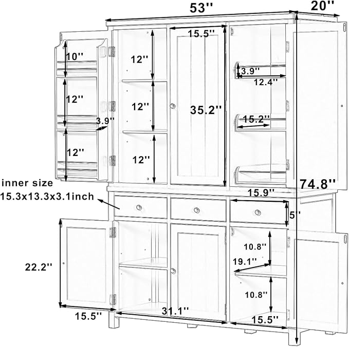 74.8''H High Freestanding Kitchen Pantry, Wooden Kitchen Organizers Cupboard - Image 2
