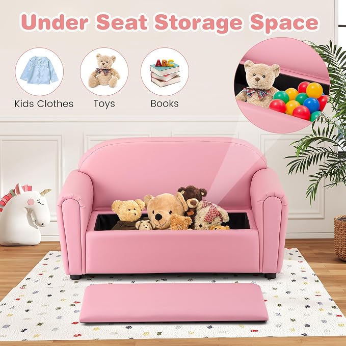 Costzon Kids Couch, 2 in 1 Double Seat Children's Sofa w/Under Seat Storage - Image 6