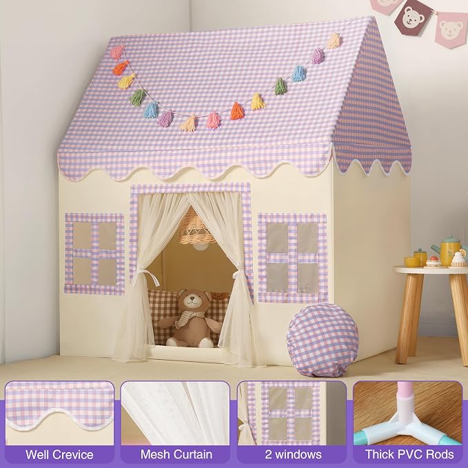 Kids Play Tent Indoor: Mat, Tassel Garland, Star Lights - Image 4