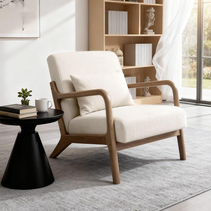 Modern Accent Chair with Wooden Frame & Linen Fabric, Mid Century Modern Chair by Unknown