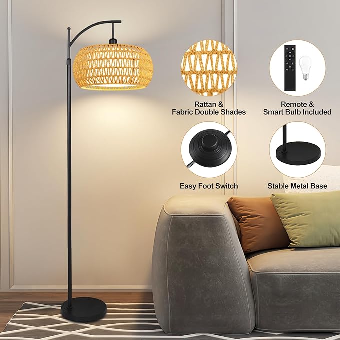 Arc Floor Lamps for Living Room Rattan Boho Floor Lamp - Image 4
