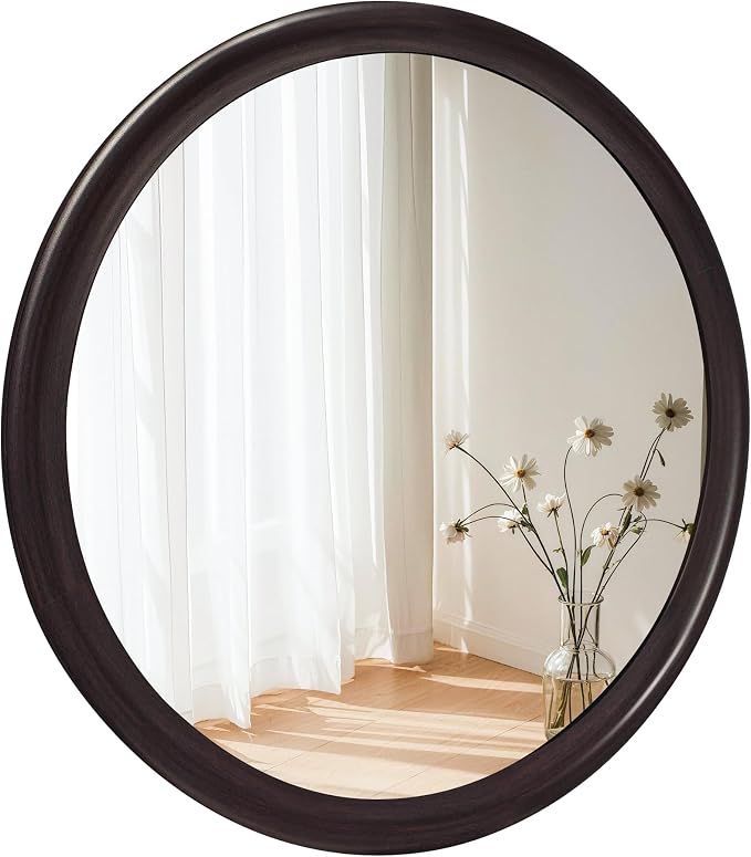 Round Wood Mirrors 30 Inch, Rustic Decorative Transitional Dark Walnut Wall by WIOWUR