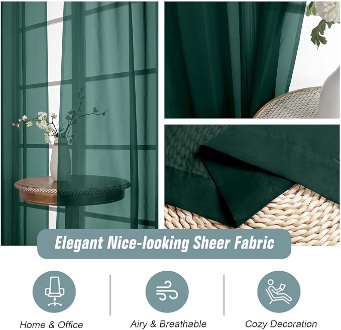 Green Sheer Curtains for Window 96 Inches Long 2 Panels, Soft Airy Voile Sheer - Image 4