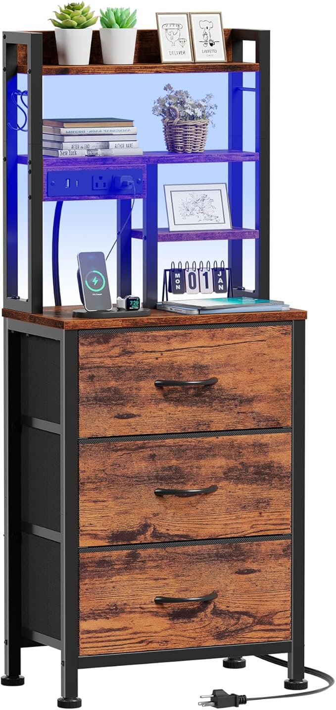 Furnulem Tall Night Stand with LED & USB Ports, 45.3inch Nightstand with Open by Furnulem