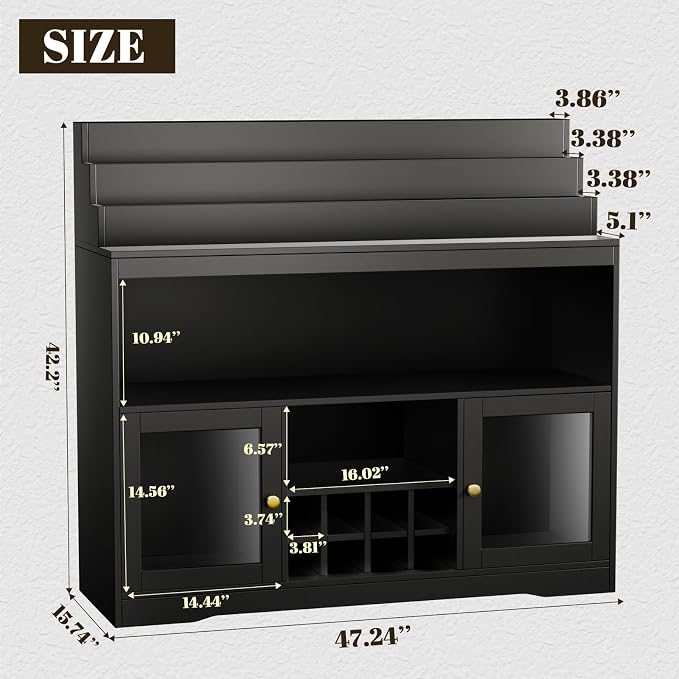 Loomie Wine Bar Cabinet with LED Lighted Liquor Bottle Display Shelf, Liquor - Image 2