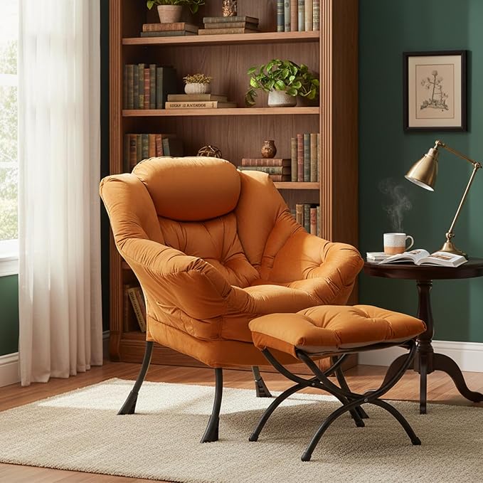 Welnow Orange Lazy Chair with Ottoman, Modern Accent Chair with Armrests and a - Image 2