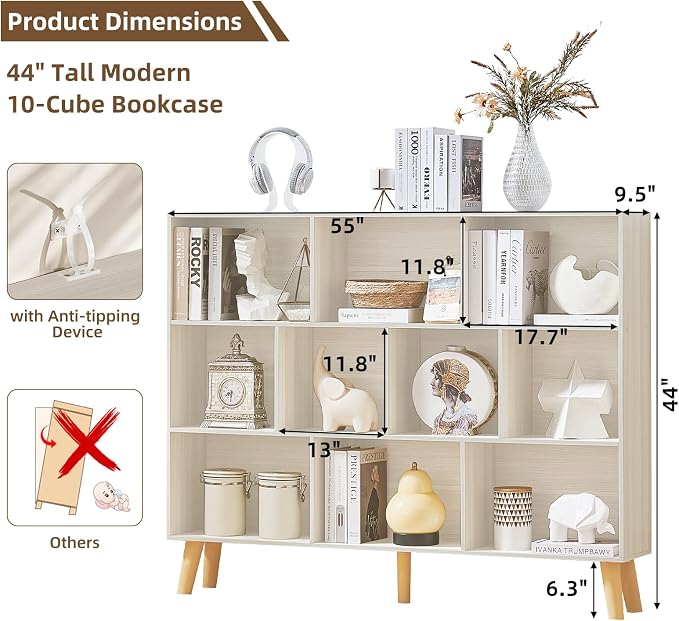 LEYAOYAO 10 Cube Bookshelf, 3 Tier Vintage 55" Wide Bookcase - Image 2