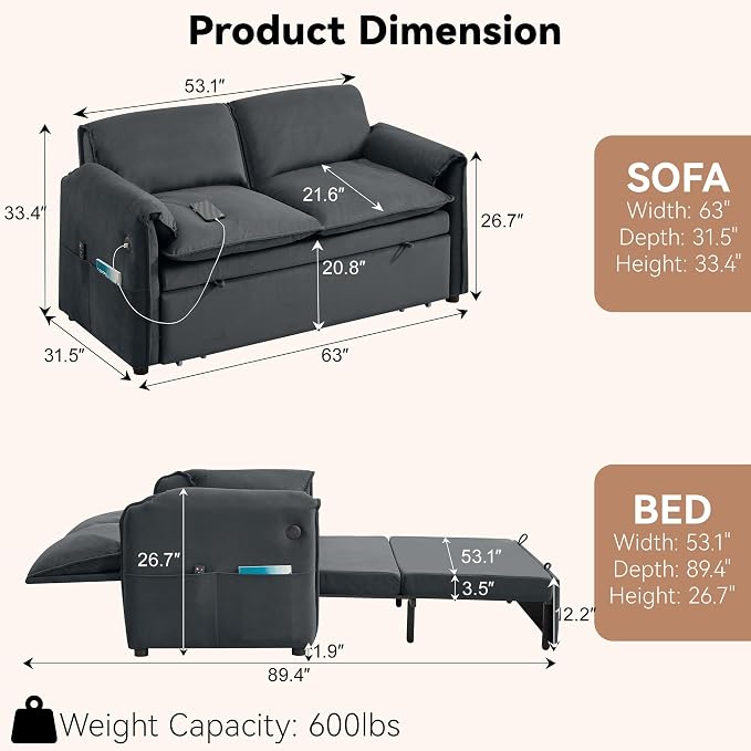 63" Velvet Convertible Sleeper Loveseat Sofa Bed, Pull Out Couch Bed - Image 2