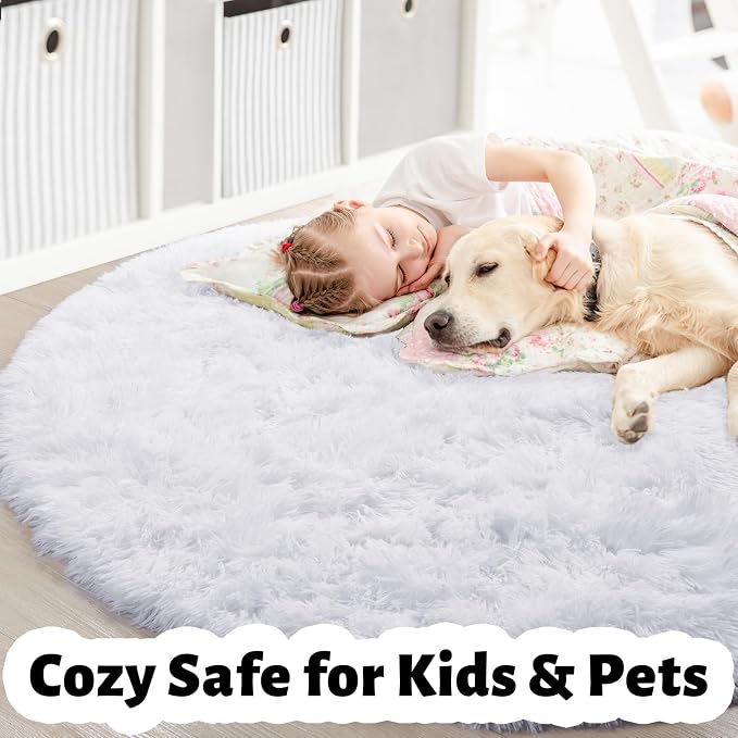 Round Rugs 5Ft White Circle Area Rug, Fluffy Fuzzy Bedroom Carpets - Image 4