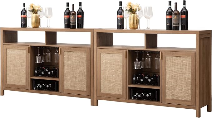 SICOTAS Rattan Coffee Bar Cabinet, Boho Liquor Wine Cabinet Set of 2 Credenza by SICOTAS