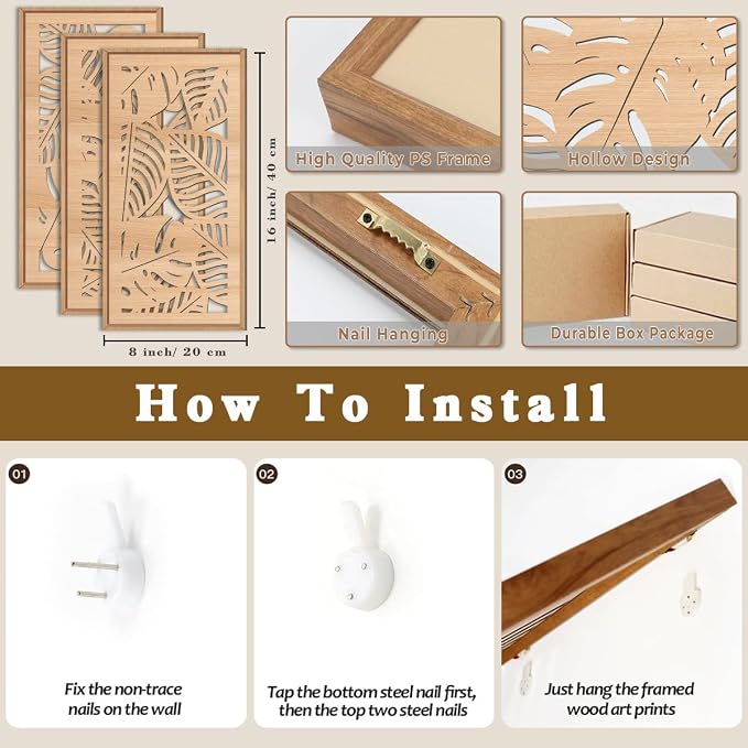IARTTOP Tropical leaf Wood Wall Decor Framed Palm Monstera Leaves Wooden Wall - Image 2