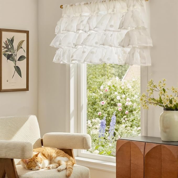 jinchan Ruffled Kitchen Valance Pom-Pom Voile Valance Curtains Sheer Shabby - Image 3