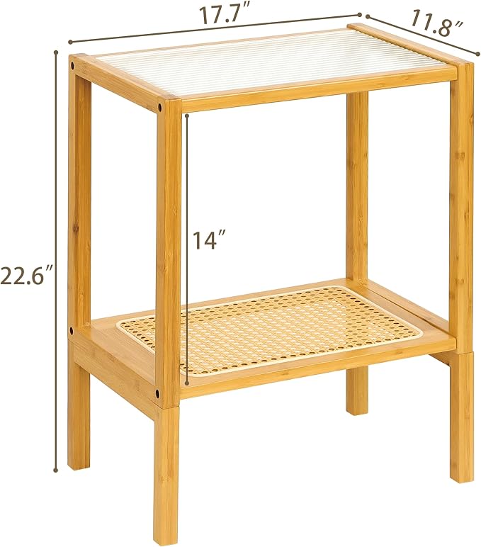2-Tier Bamboo Side Table, Modern Glasstop Rattan Side Table, Mid Century Wood - Image 2