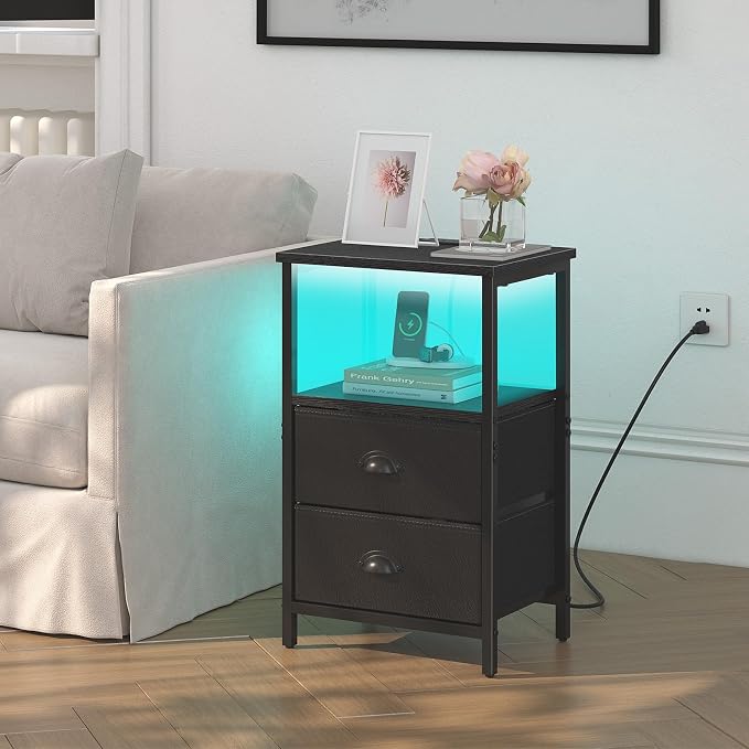sthmec Nightstand with Charging Station, LED Night Stand Set 2, Bedside Table - Image 2