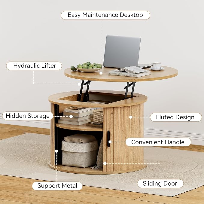 FABATO Round Lift Top Coffee Table, Fluted Wood Accent Coffee Table - Image 4
