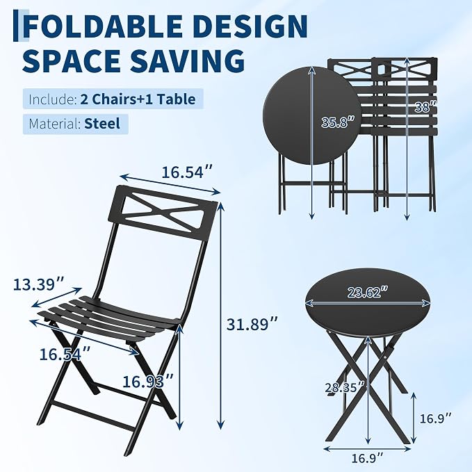 GarveeTech 3-Piece Folding Bistro Set, Heavy Duty Outdoor Patio Furniture - Image 4