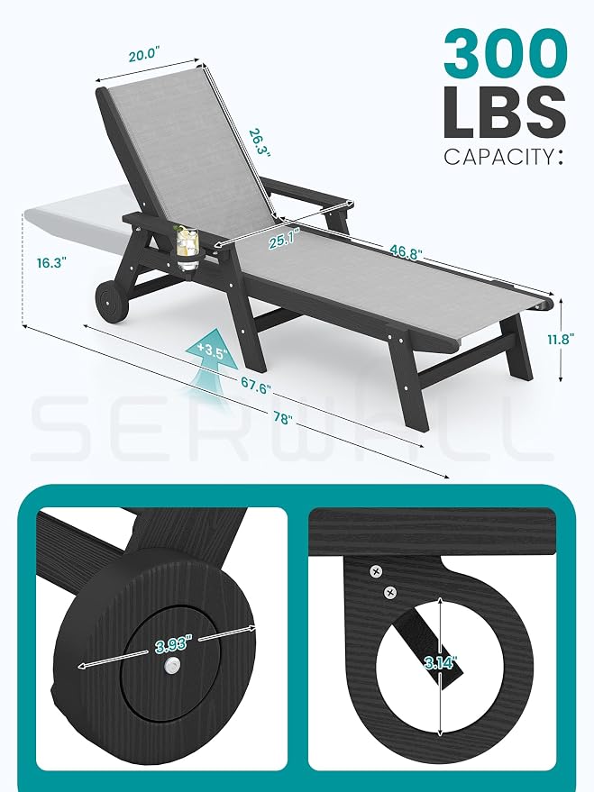 SERWALL Textilene Patio Chaise Lounge Chair, 5 Positions Adjustable Outdoor - Image 3