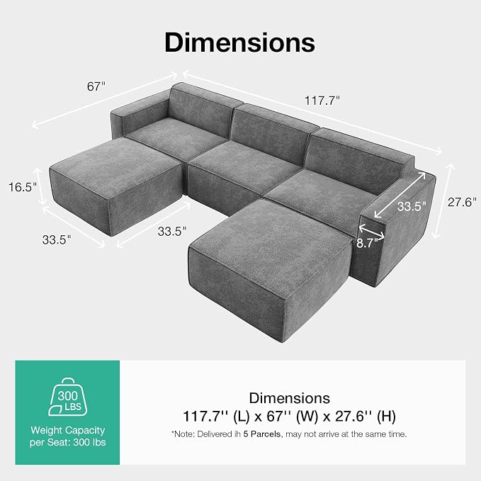 Novilla 117.7" Modular Sectional Sofa, No Assembly Cloud Sectional Couch - Image 2